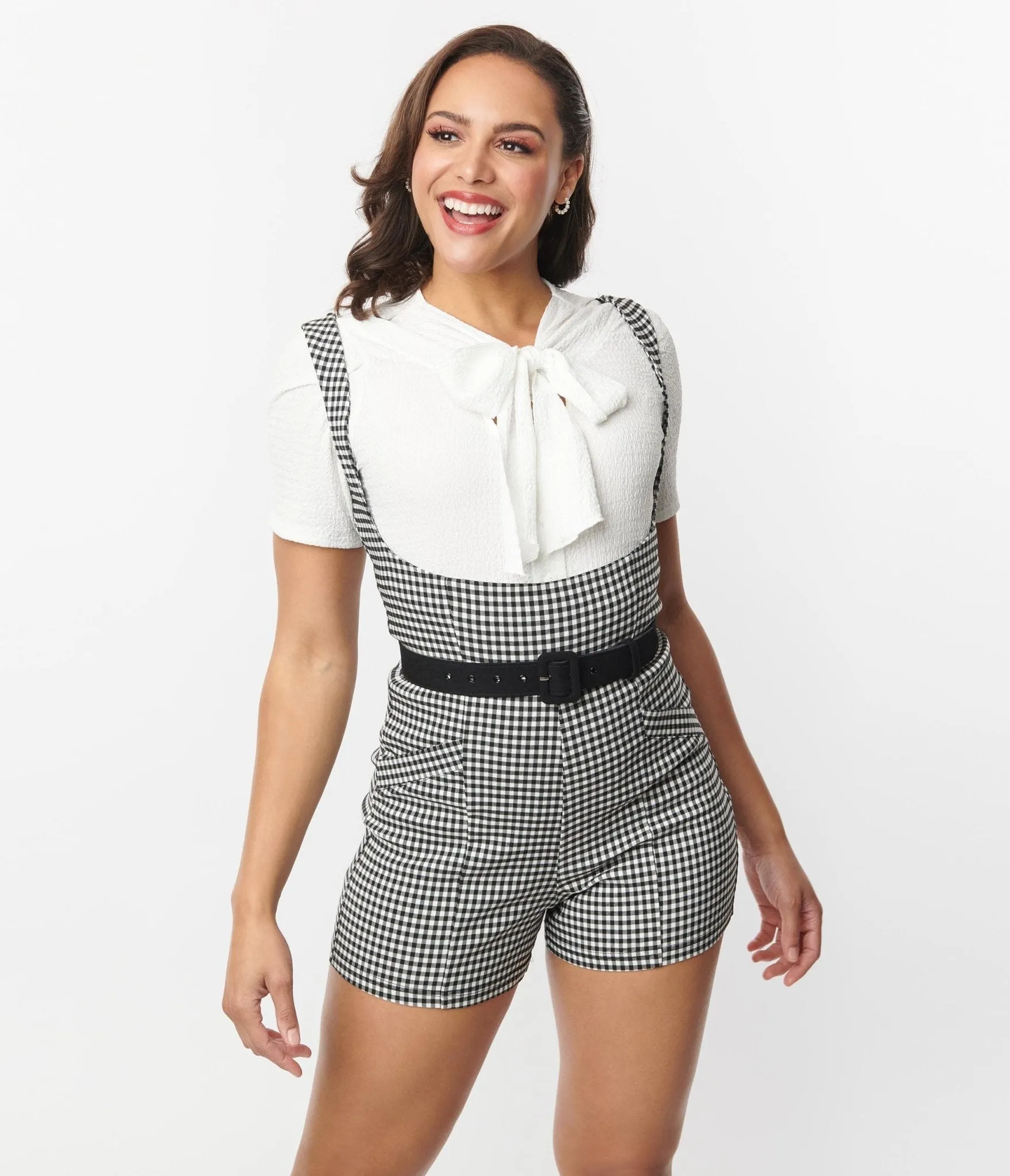 Black & White Gingham Suspender Shorts